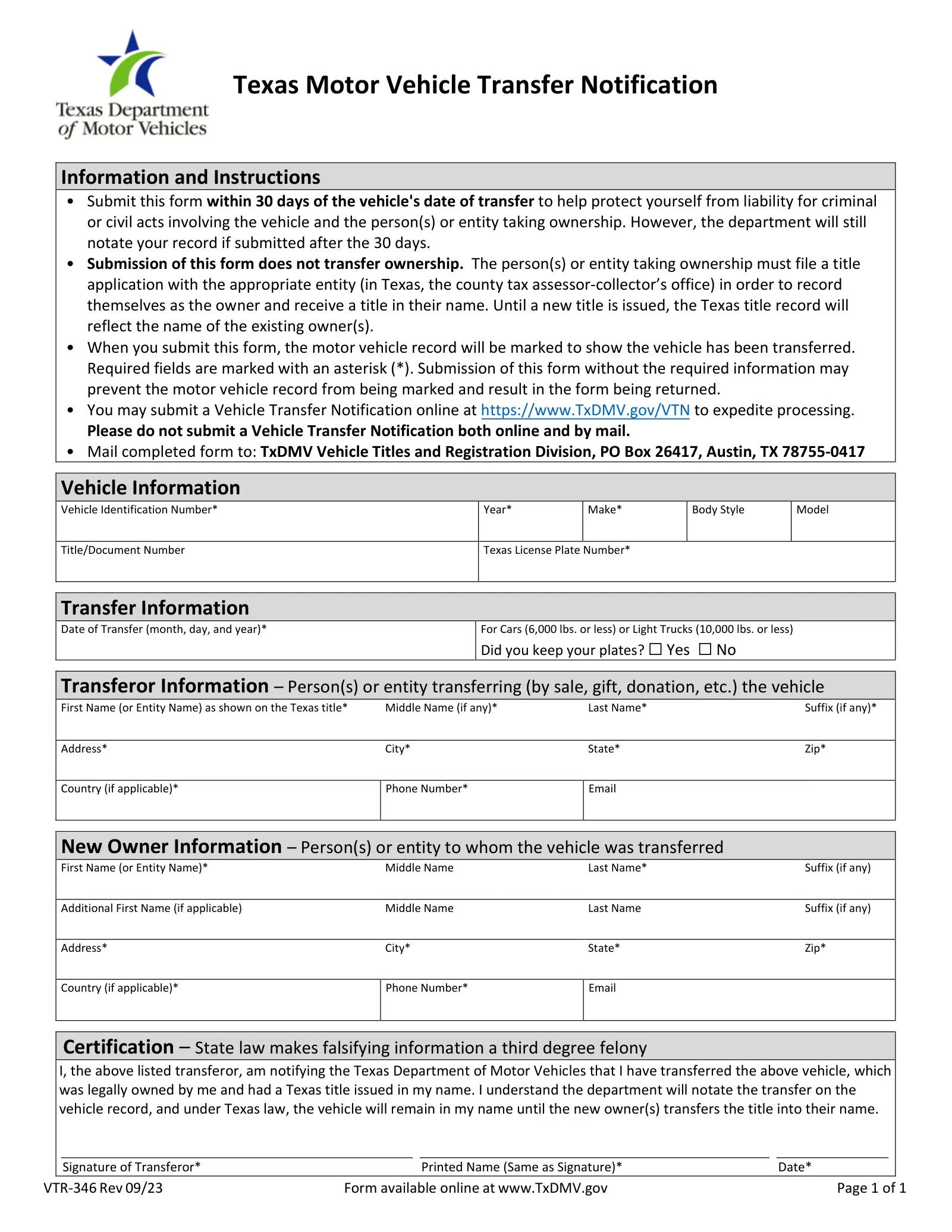 Texas DMV VTR-346 motor vehicle transfer notification, with a 30-day filing note