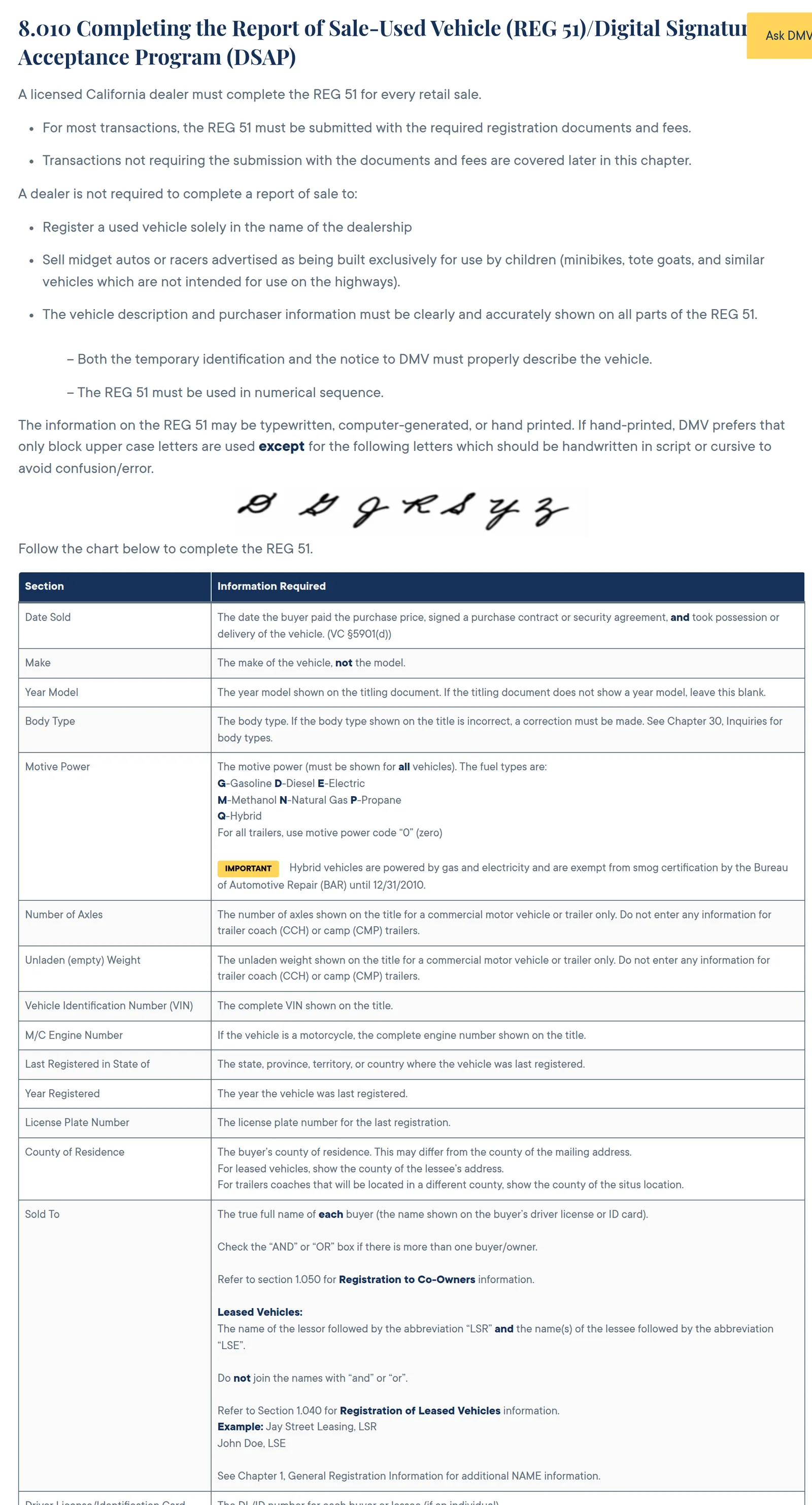 California DMV handbook 8.010, completing the Report of Sale-Used Vehicle REG 51, Date Sold, VIN, and Sold To