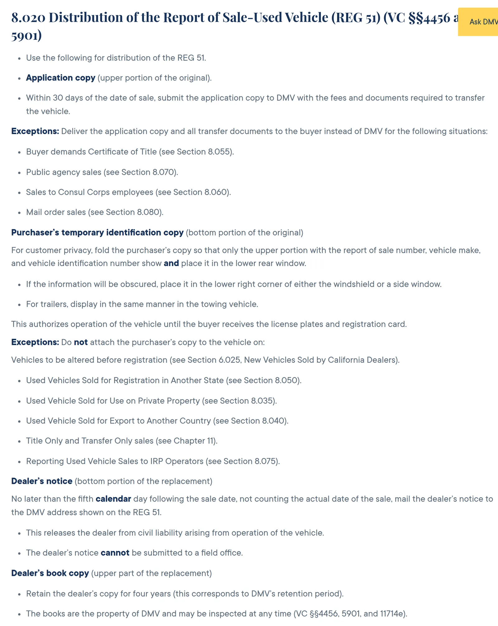 California DMV handbook 8.020, REG 51 distribution: application copy, purchaser temporary identification, and the dealer notice within five days