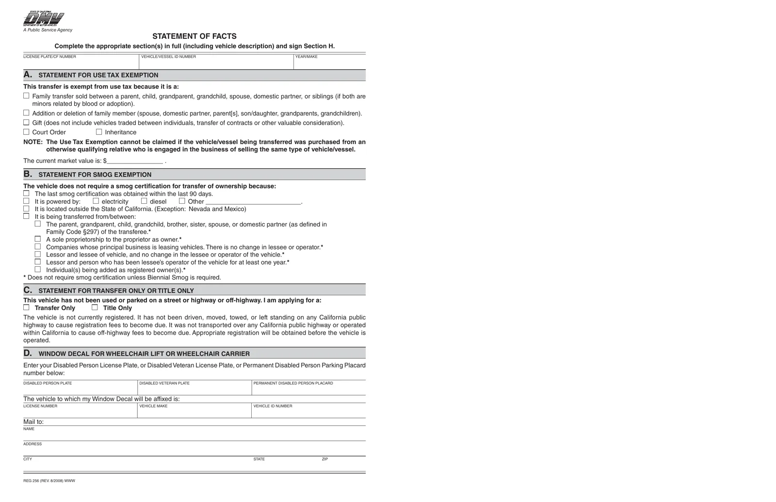 California DMV REG 256 Statement of Facts, page 1, use-tax and smog exemption sections