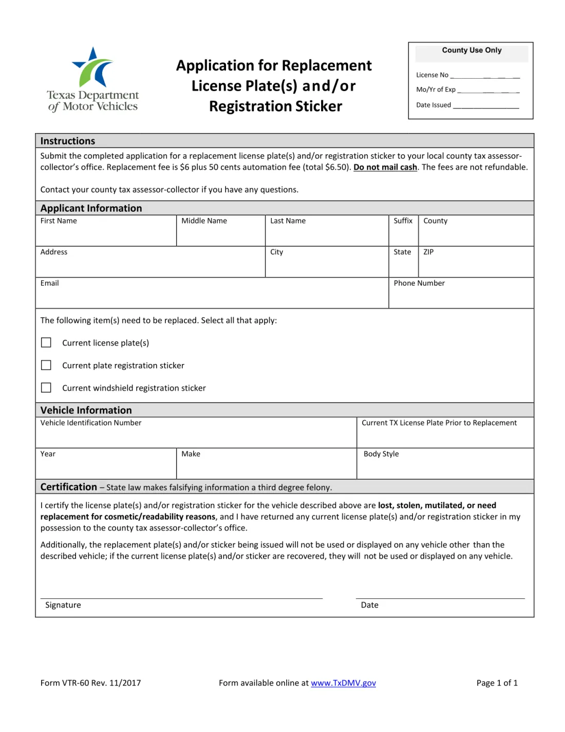 Texas DMV VTR-60, Application for Replacement License Plate(s) and/or Registration Sticker, with a windshield registration sticker checkbox