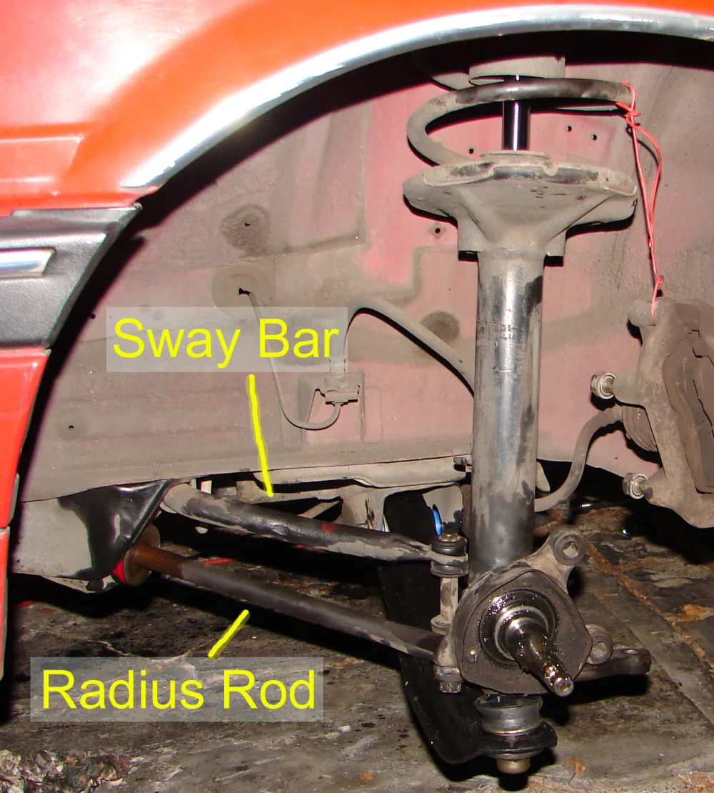 MacPherson-strut front corner, wheel off: labeled sway bar running to the body, radius rod below, strut tower above