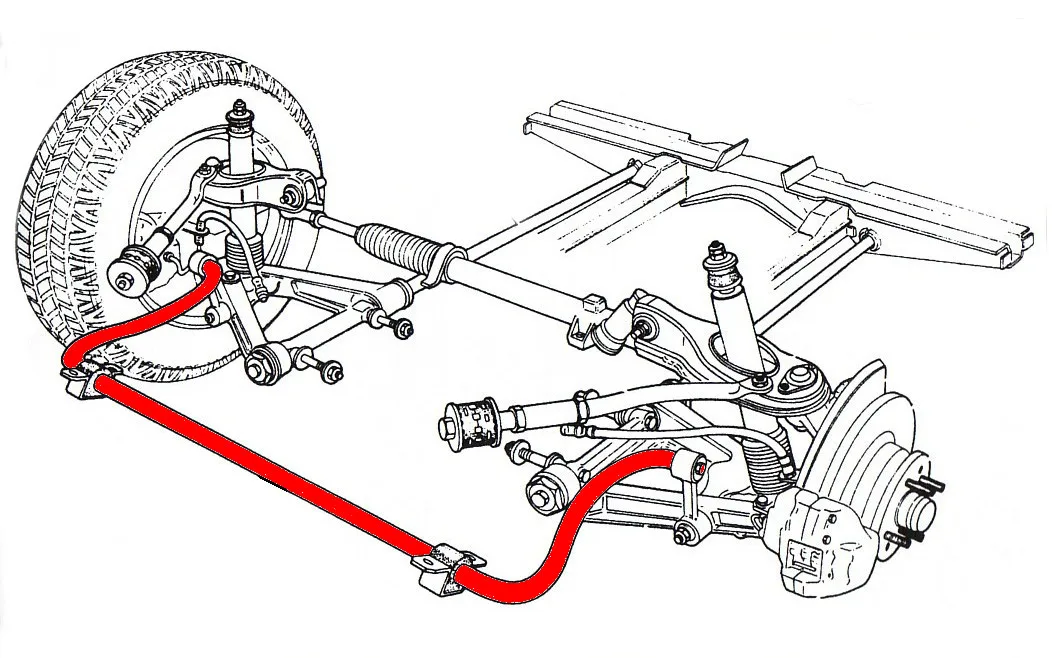 Alfetta front suspension drawing with the anti-roll bar in red, spanning left to right