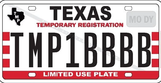 Texas temporary registration plate marked limited use