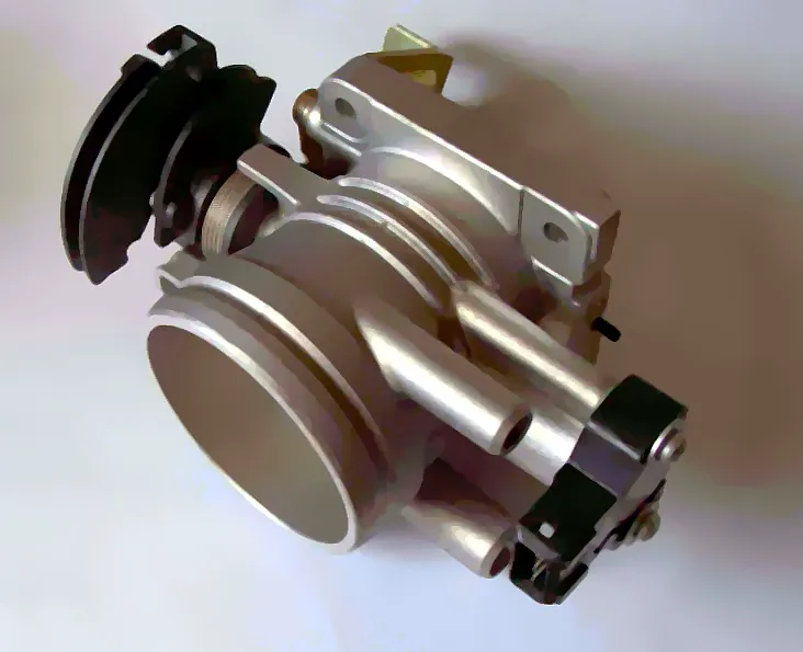Cast throttle body with a closed plate, cable pulley, and a black throttle-position sensor on the shaft