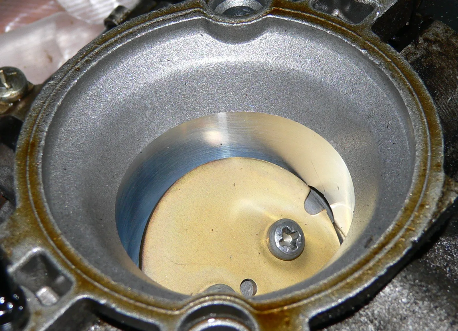 Looking down a throttle-body bore at a brass butterfly plate on a shaft, held by a Torx screw