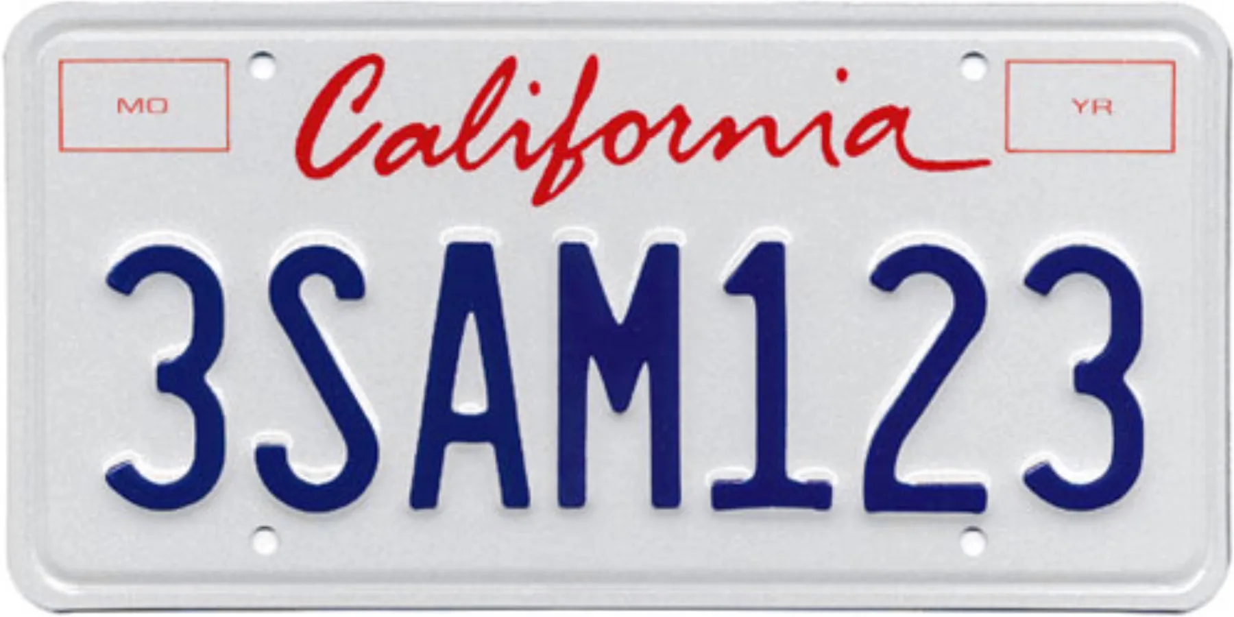 Official California sample license plate with month and year sticker boxes