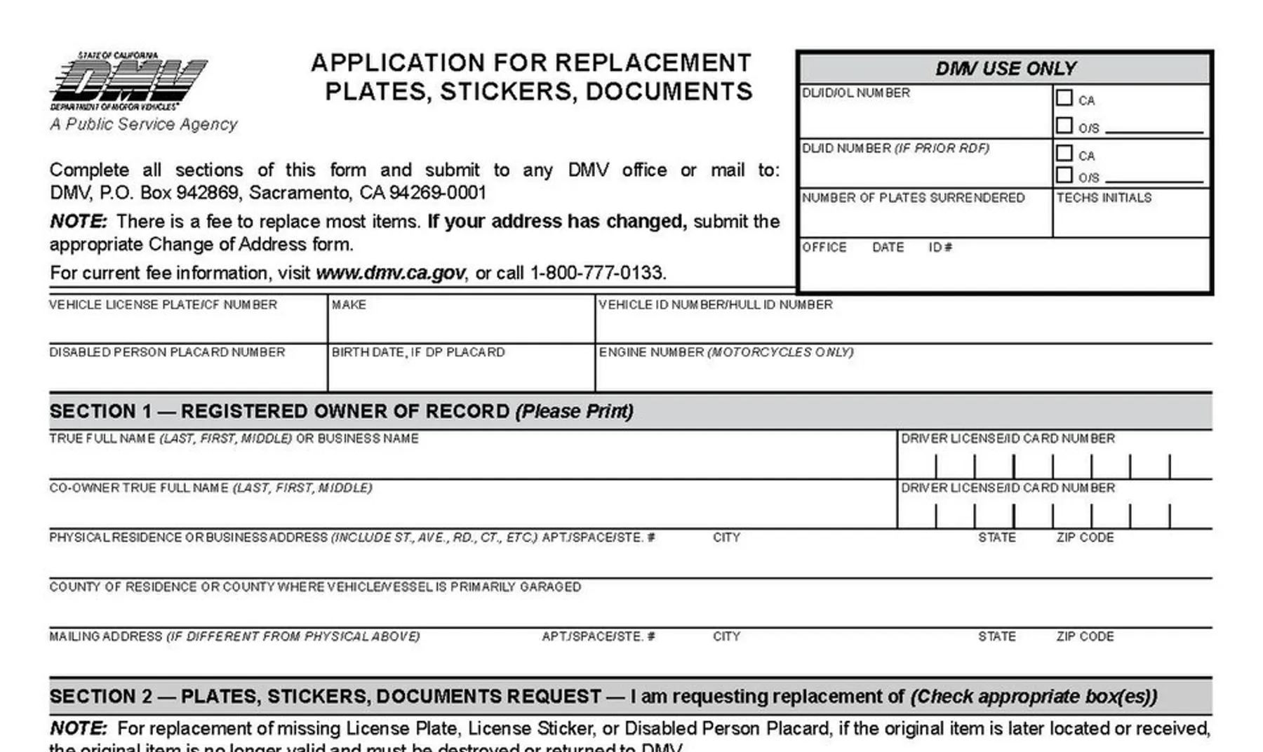 California DMV application for replacement plates, stickers, and documents