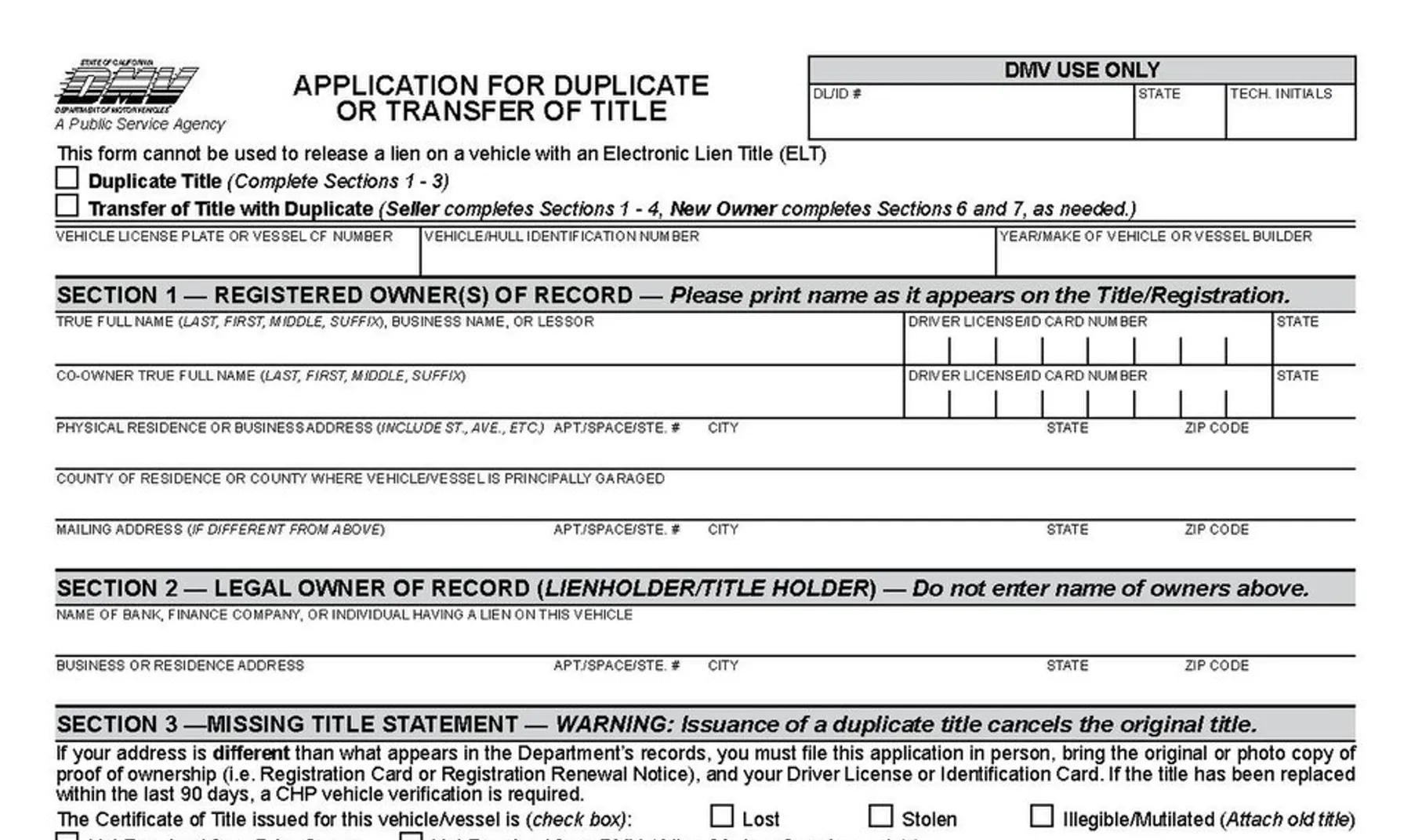California DMV application for a duplicate or transfer of title
