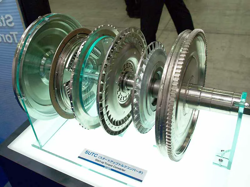 Pump, turbine, and stator of a torque converter laid in a row on one axis, with a Japanese placard behind them