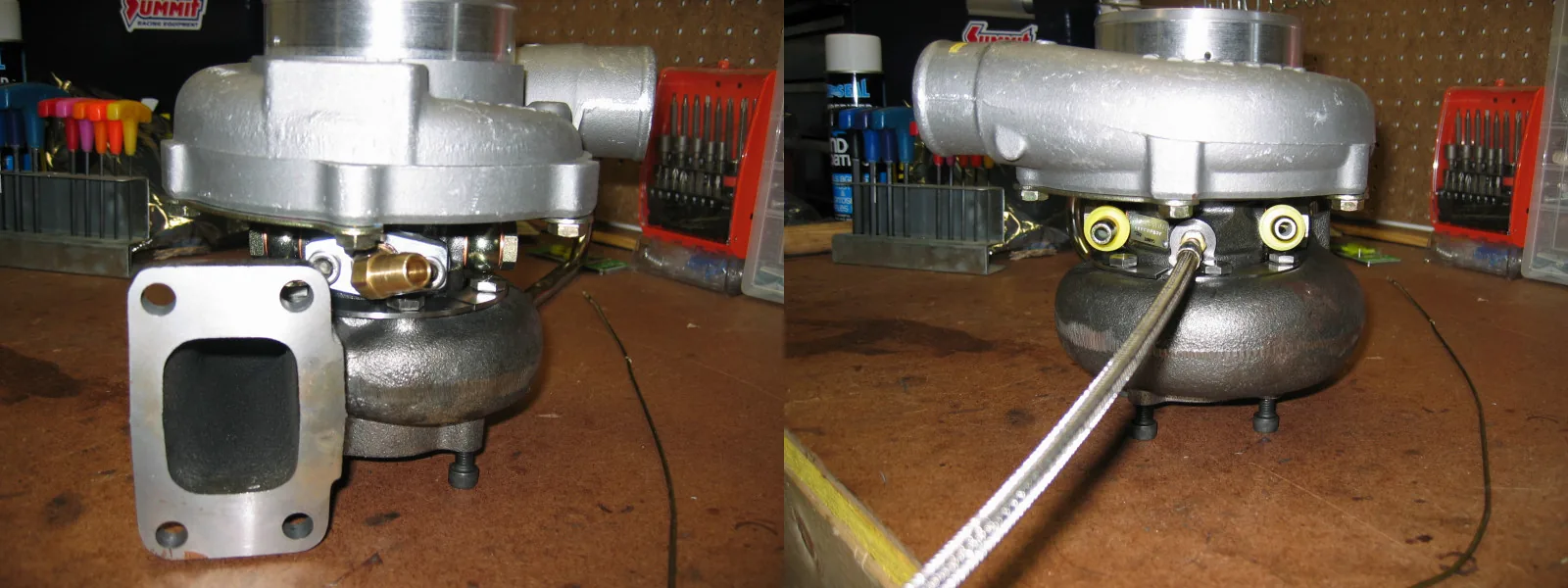Garrett GT30 on a bench, aluminum compressor housing over a dark turbine housing, oil line on the center
