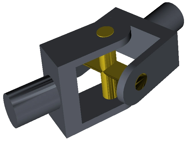 Universal-joint cross with bearing cups, one cup off a trunnion so the needle rollers show