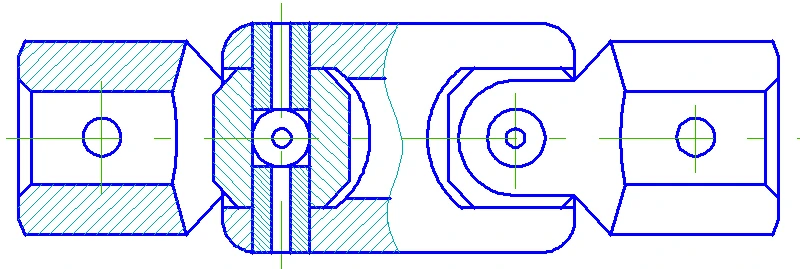 Double Cardan joint with two crosses, a center coupling yoke, and a centering ball