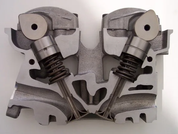 A cutaway cylinder head on a light background. Two cam lobes sit at the top, each with a round hole. Under each lobe is a silver cylinder, and under each cylinder a dark coil spring surrounds a valve stem. The stems angle down to two valve heads at the bottom of the section. No words are printed on the piece.