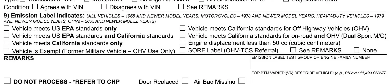 California DMV REG 31 section 9, Emission Label Indicates, with EPA, California, exempt, and none checkboxes
