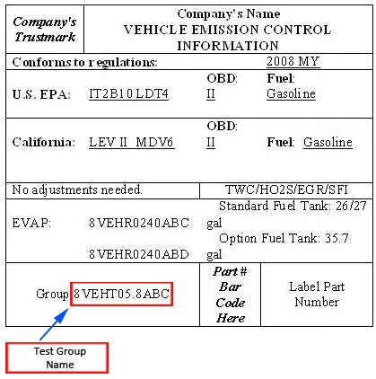 EPA example Vehicle Emission Control Information label for a 2008-and-later light-duty vehicle, with test group and evaporative family fields