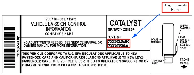 EPA example Vehicle Emission Control Information label for some 2007-and-earlier vehicles, with catalyst, vacuum, and evaporative notes