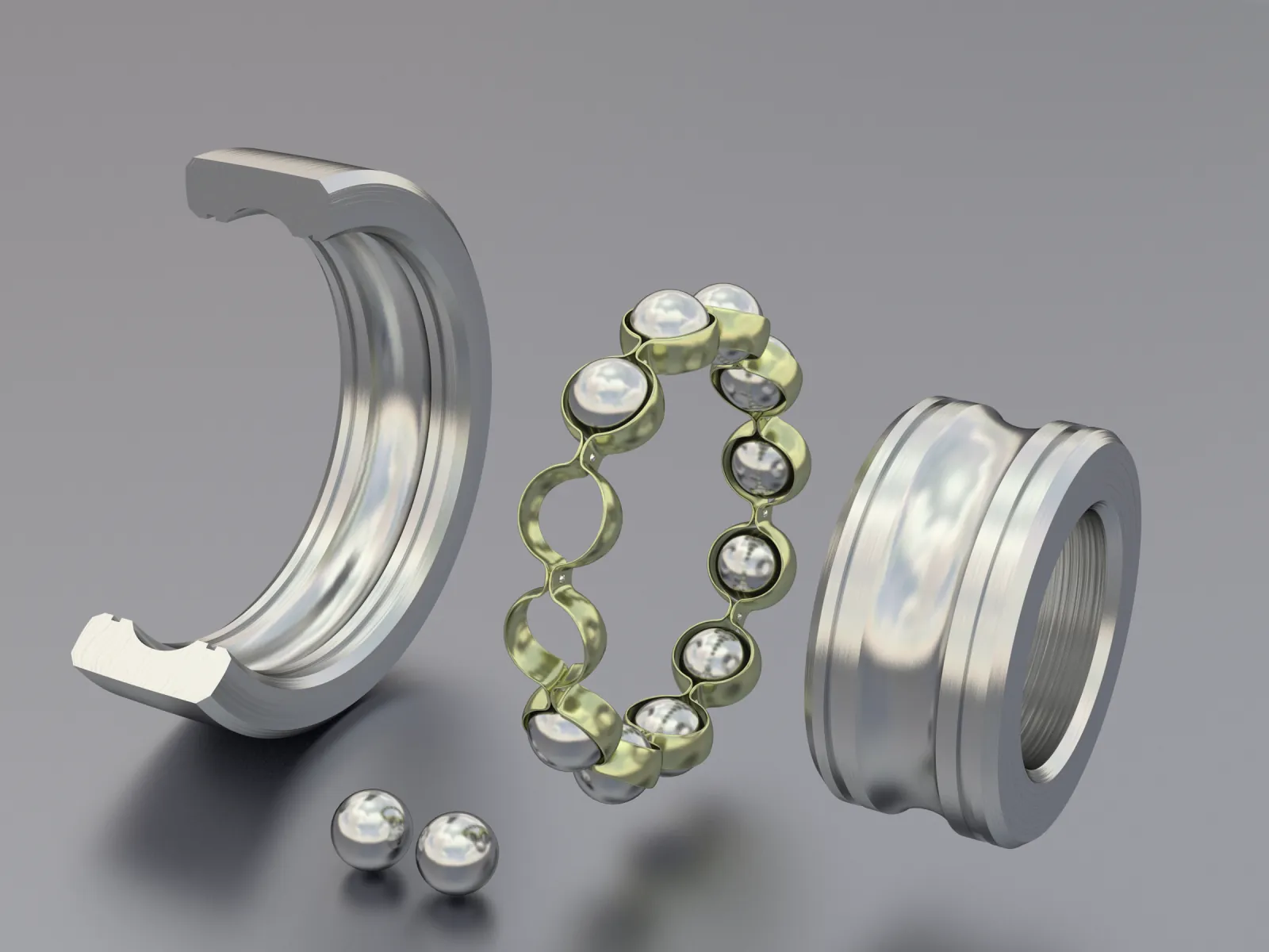 Exploded ball bearing: cut outer race, cage with balls, inner race, and two loose balls on a gray field