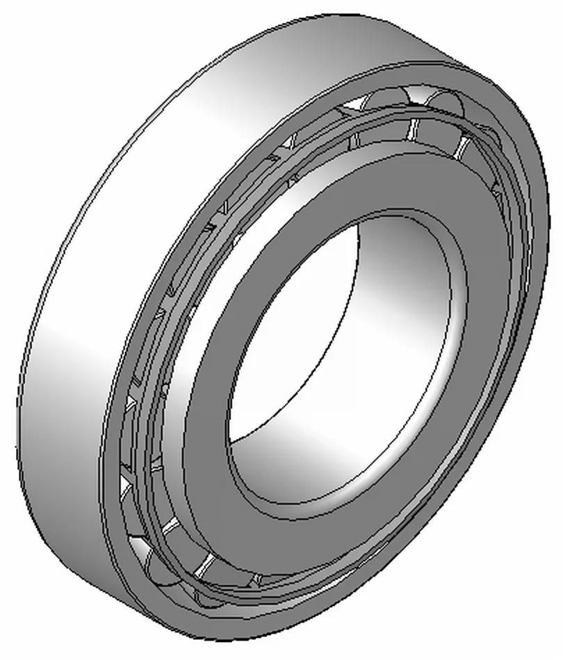 Line drawing of a tapered roller bearing, cone inside a cup, rollers in a cage